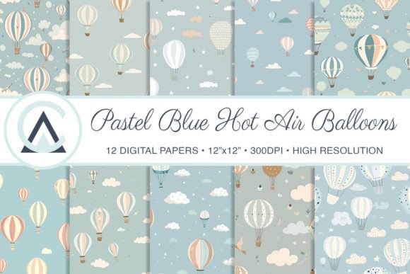 Pastel Blue Hot Air Balloon Baby Boy Digital Paper